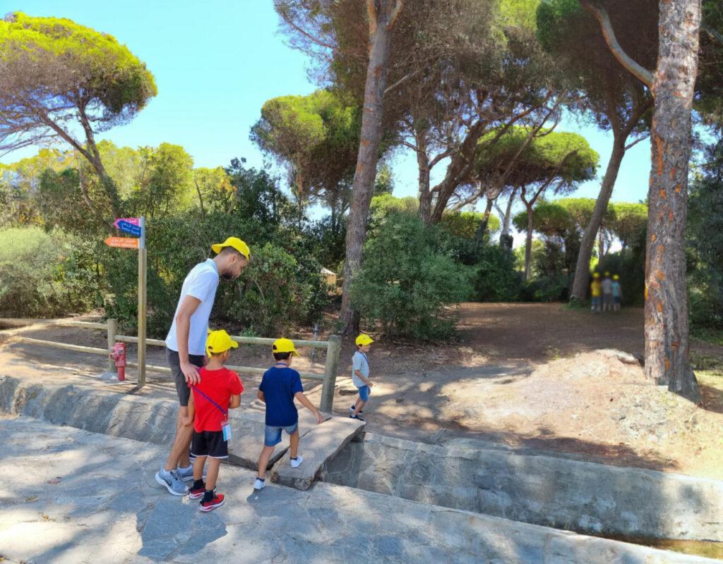 Sortie en forêt pendant les vacances : un groupe d'enfants en casquettes jaunes.
