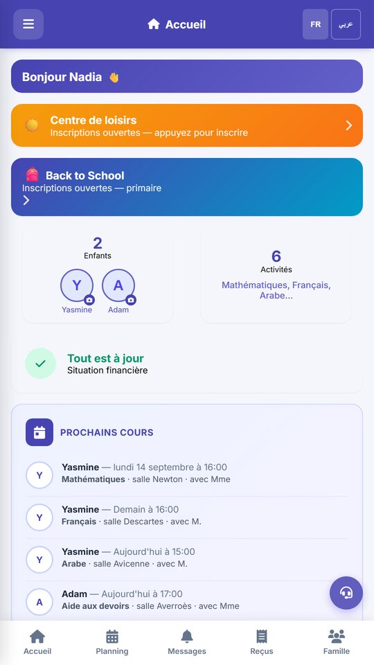 L'accueil de l'application : un bonjour au parent, les deux enfants de la famille, l'état des paiements et les prochains cours.