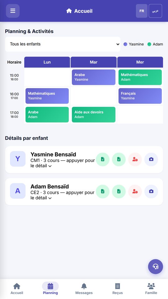 Le planning hebdomadaire : une grille par jour et par heure, chaque enfant dans sa couleur, avec la matière et la salle.